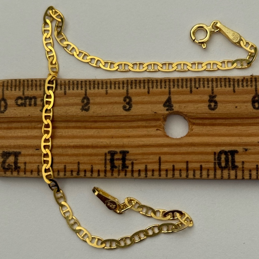 925 Silver 7.75” 3mm marine bracelet 18k yellow gold plated unisex
